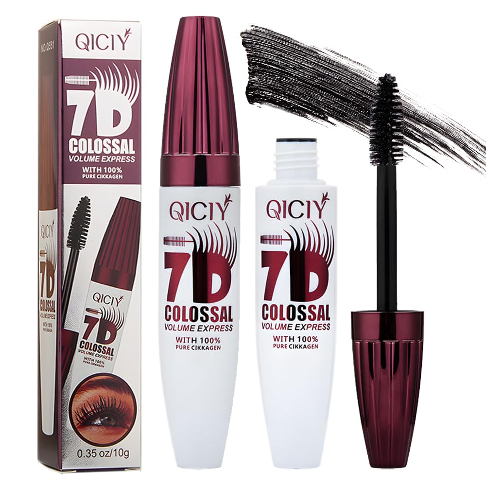 2 Packs Qiciy 7d Colossal Mascara, 0.35 oz, Black Long-Lasting & Buildable Volume, Natural Length, Exquisitely Full Lashes, Smudge-Proof, Thickening Eye Makeup for Defined Curl (1Pcs)