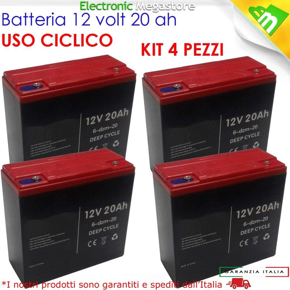 KIT 4x BATTERIA RICARICABILE AL PIOMBO 12V 48V 20AH DEEP CYCLE CICLICA BICI BICICLETTE ELETTRICHE SCOOTER CARROZZINE ELETTRICHE 6DZM20 6-DZM-20 USO CICLICO CARRELLI ELETTRICI MOTORI TRAZIONE ELETTRICA