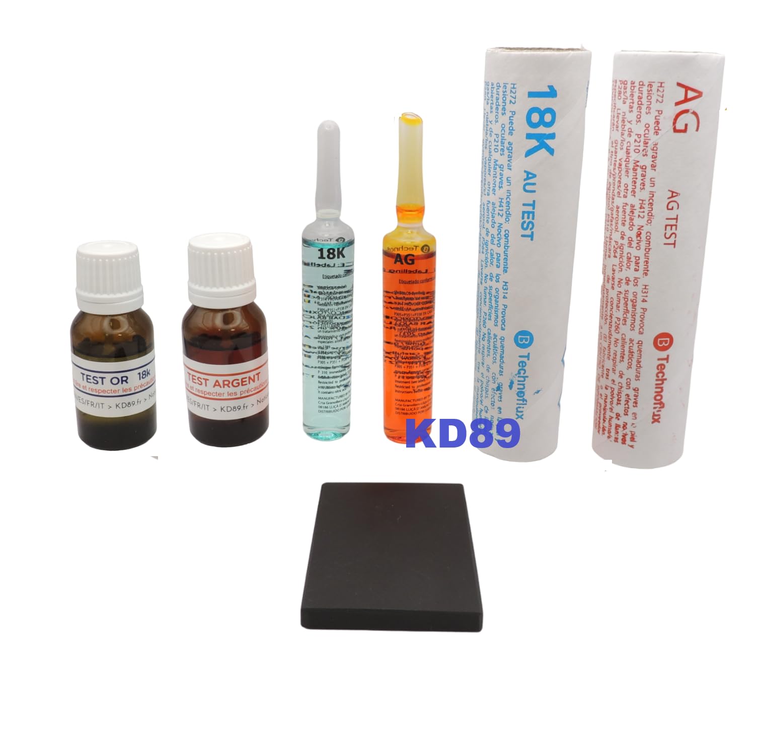 Kit para probar metales - Probar oro 18K y plata - Ampolla de 15 ml 18K + Ampolla de 15 ml Plata - Frascos de goteo de 15 ml + Piedra de toque
