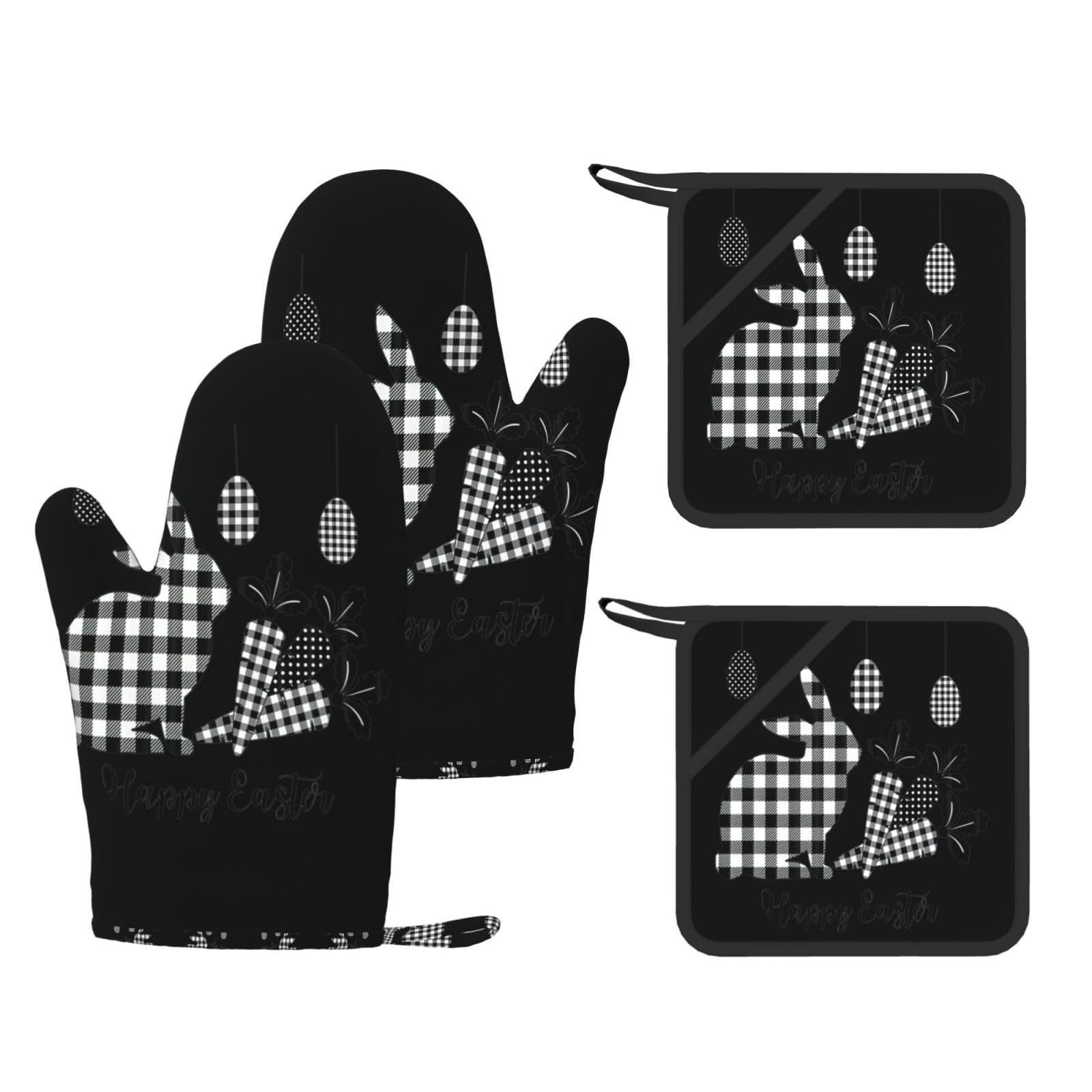 Happy Easter Trendy Printed Kitchen Set with Heat Resistant Gloves & Non-Slip Hot Pads for Baking & Grilling