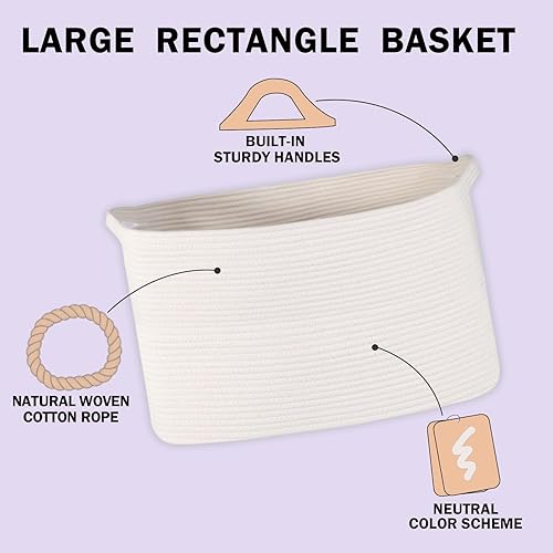 Miniatura 2 de Cestas blancas para organizar, 22.8 x 14.9 x 11.8 pulgadas, cestas de almacenamiento rectangulares de cuerda de algodón, cesta tejida para manta