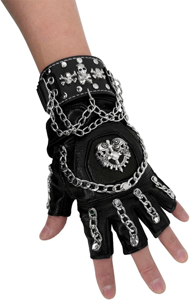 Skull Chain Biker Leather Gloves Mens Punk Rock Dancing Fingerless Gloves with Bracelet