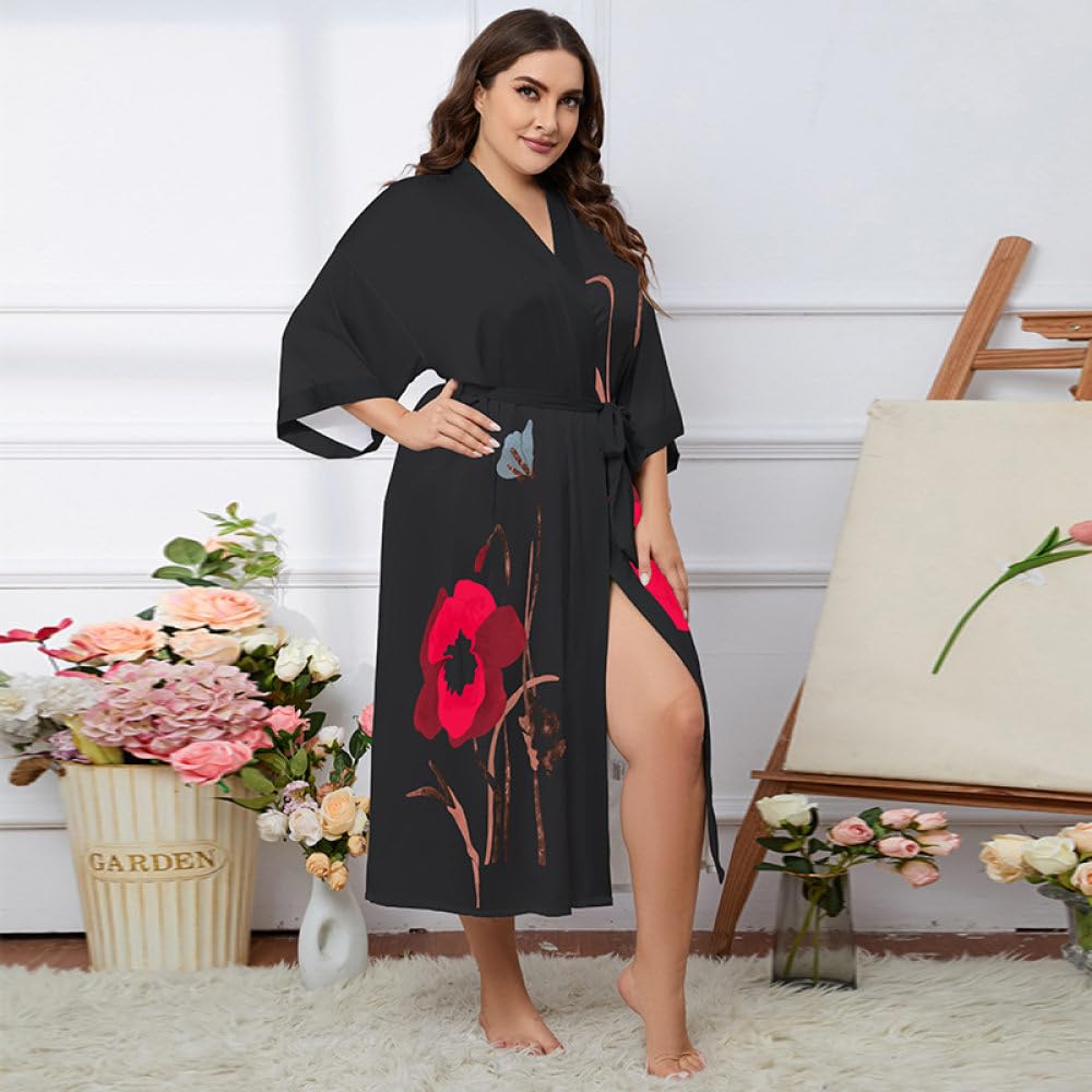 Vestaglie da Donna,Kimono Lungo in Raso Setoso Abito Taglie Forti Cover Up Vestaglie Classiche Stampate Floreali per la Festa in Camicia da Notte di Nozze