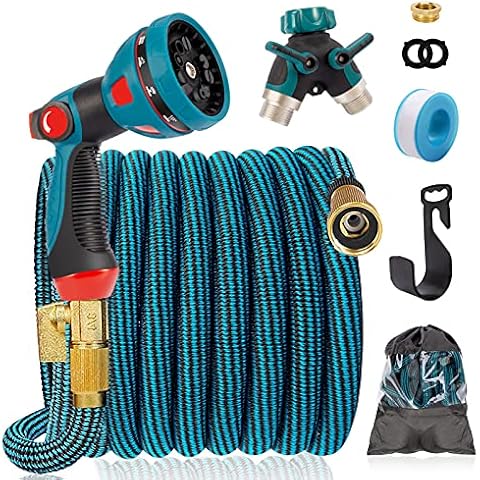 IDEALHOUSE 100FT Expandable Garden Hose, 10 Function Spray Gun with 3/4" Solid Brass Fittings, 2-Way Pocket Flexible Splitter, 3 Times Expanding Water Pipe No-Kink Flexible Water Hose Cover