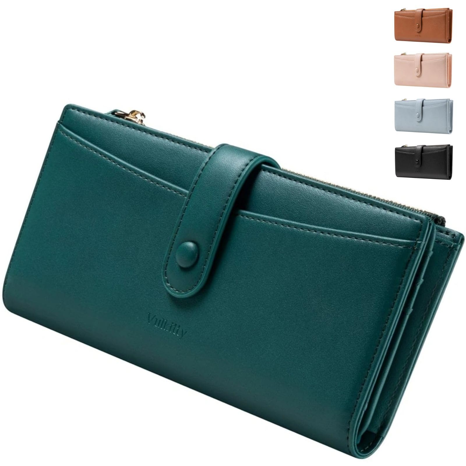 Vulkitty Portafoglio per le donne borsa in pelle di grande capacità RFID blocco carta di credito organizzatore con tasca con cerniera, Verde