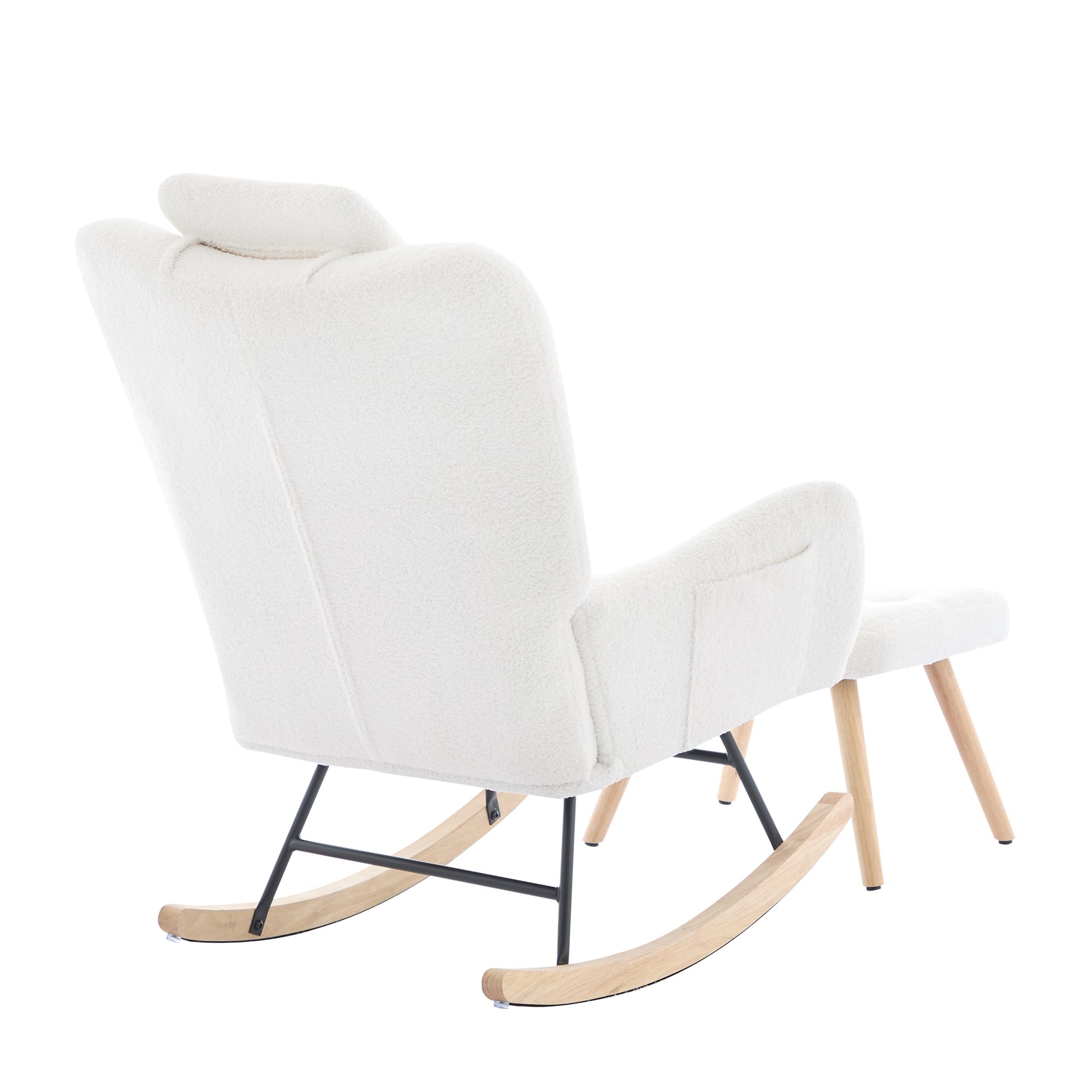 Merax Fauteuil à bascule avec tabouret - Chaise relax ergonomique en velours Teddy avec accoudoirs, coussins de nuque et lombaires - Pieds en bois - Charge maximale : 100 kg - Pour chambre à coucher