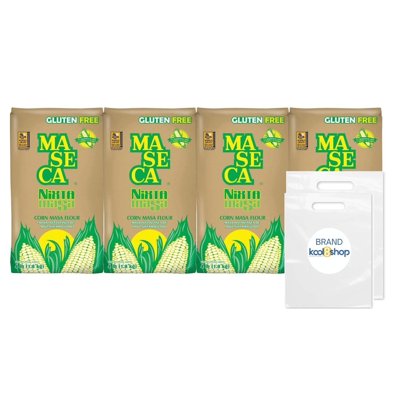 Maseca Nixtamasa Instant Corn Masa Flour Gluten Free Kosher 4 lbs Bag 4 Pack + 2 Storage Reusable Bags by KOOL8SHOP Infinite Deals