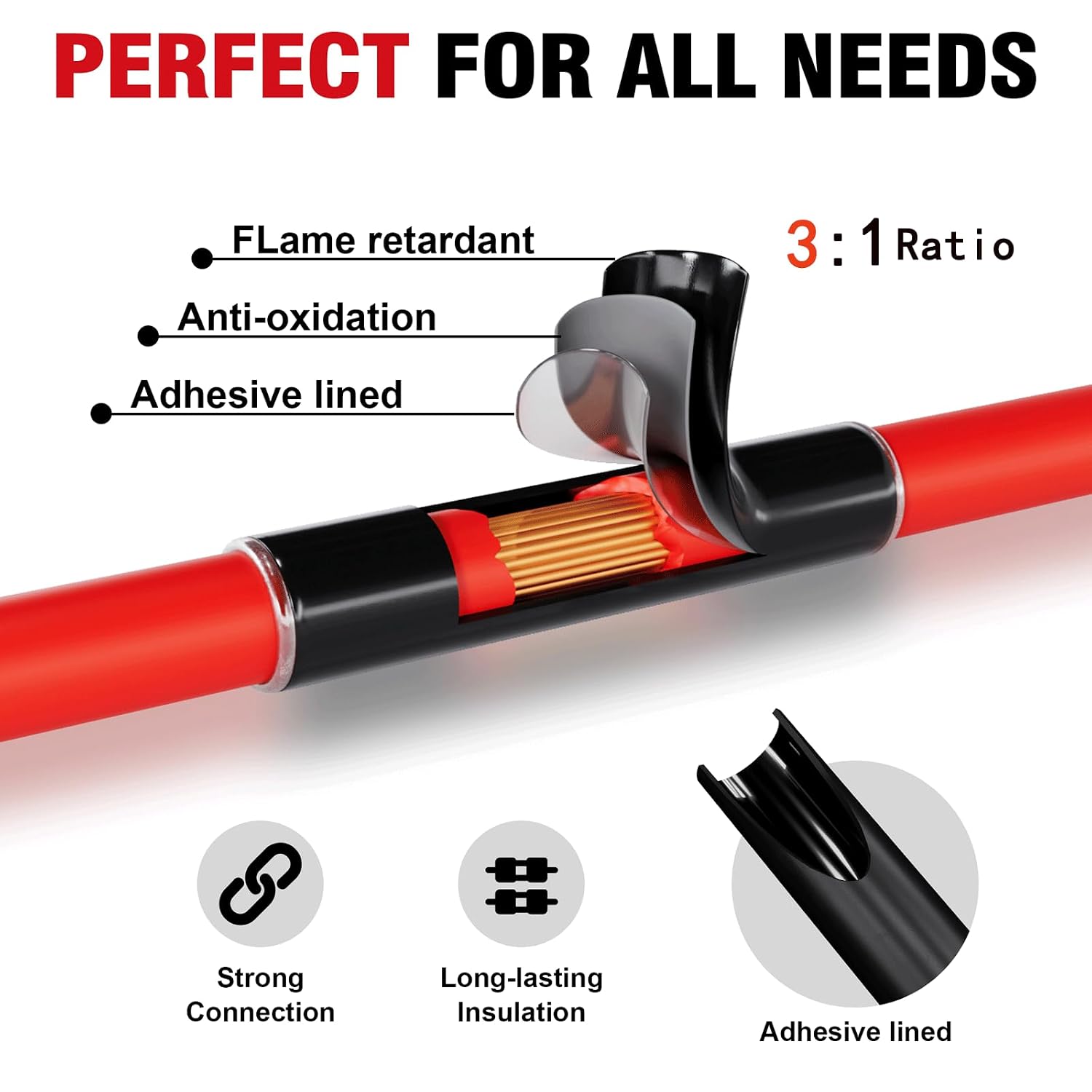 Sanuke 10pcs 4 Gauge-3/8'' (M10) Wire Connectors, 4 AWG Ring Terminals, Heavy Duty Copper Lugs, Marine Battery Cable Ends with 3:1 Dual Wall Adhesive Heat Shrink Tubing(UL Listed)