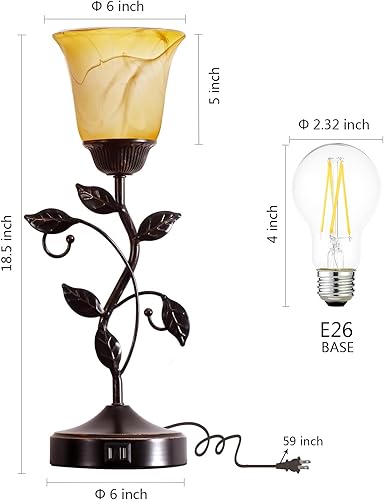 Miniatura 6 de RORIANO Juego de 2 lámparas de mesa vintage táctiles con 2 puertos USB, lámparas de mesa de noche regulables de 3 vías, lámpara de hojas rústicas