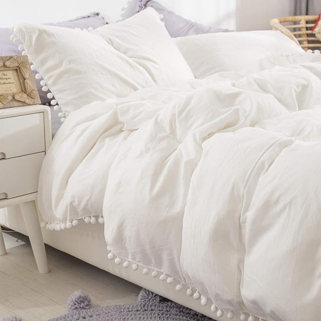 WONGS BEDDING White Duvet Cover Double Size Pompoms Tassels Design Soft Washed Microfiber with Zipper Closure ( White, Double)