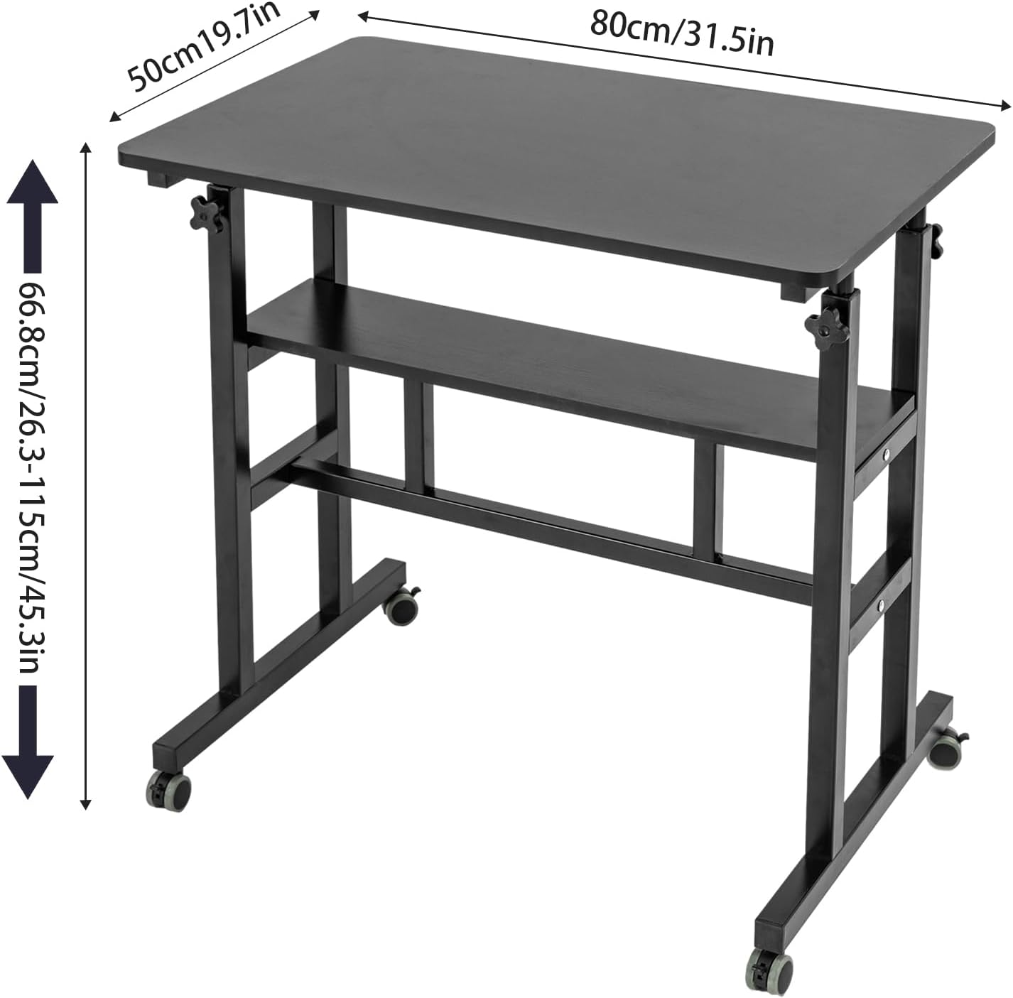 Mobile Standing Desk Adjustable Laptop Desk,2 Tier Portable Rolling Laptop Cart with Universal Wheels, Sit Stand Computer Workstation Desk Organizer,Black,31.5 * 19.7 * 26.3-45.3in