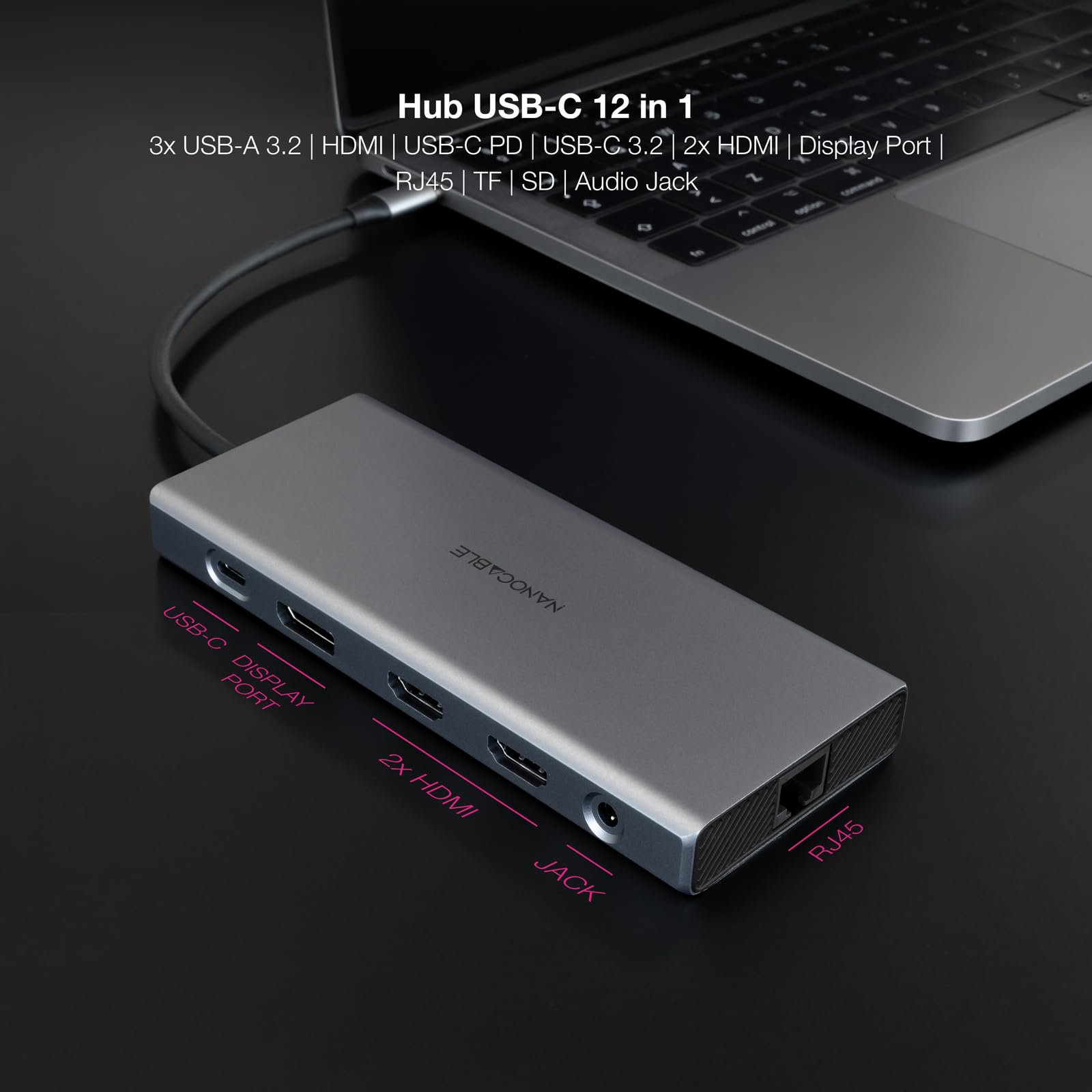 NANOCABLE 10.16.4612 - Hub USB-C 12 en 1, Conversor USB-C 3.1 a 3xUSB-A 3.2 + USB-C 3.2 + USB-C PD + 2xHDMI 4K@60Hz + DP 4K@60Hz + RJ45 1Gbps + TF + SD + Audio Jack 3.5, Aluminio, Gris, 18 cm