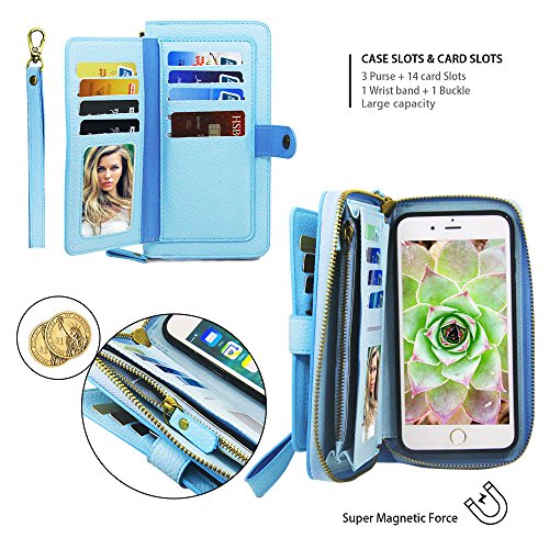 iPhone 7 Plus Wallet Case - JAZ Zipper Purse Detachable Magnetic14 Card Slots Money Pocket Clutch Leather Wallet Case for Apple iPhone 8 Plus/iPhone 7 Plus Sky Blue