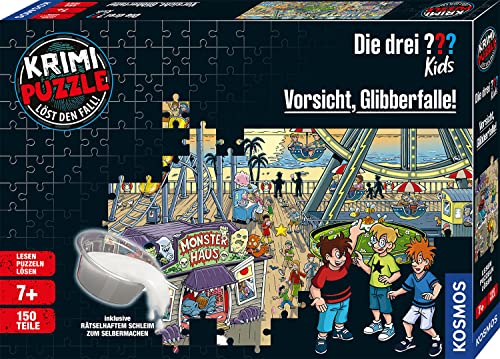 KOSMOS 683474 Krimi Puzzle Die drei ??? Kids Vorsicht Glibberfalle 150 Teile Schleim selbermachen Lesen Puzzeln Rätsel lösen für Kinder ab 7 Jahre Detektiv Puzzle mit Die drei Fragezeichen Kids