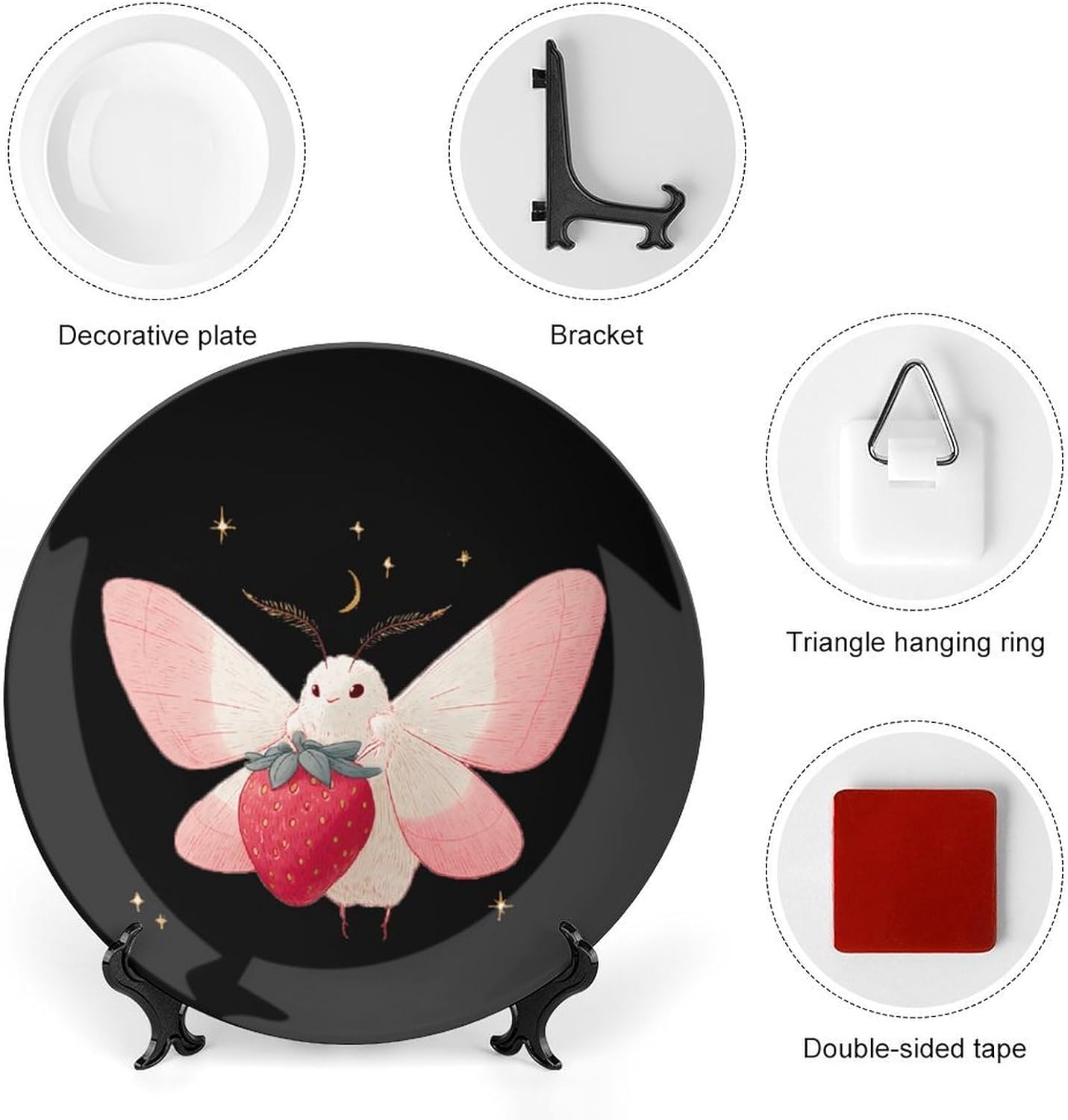 Cute Moth with A Strawberry Decorative Plates for Display Ceramic Plate Tray with Stand Hanger Home Decor