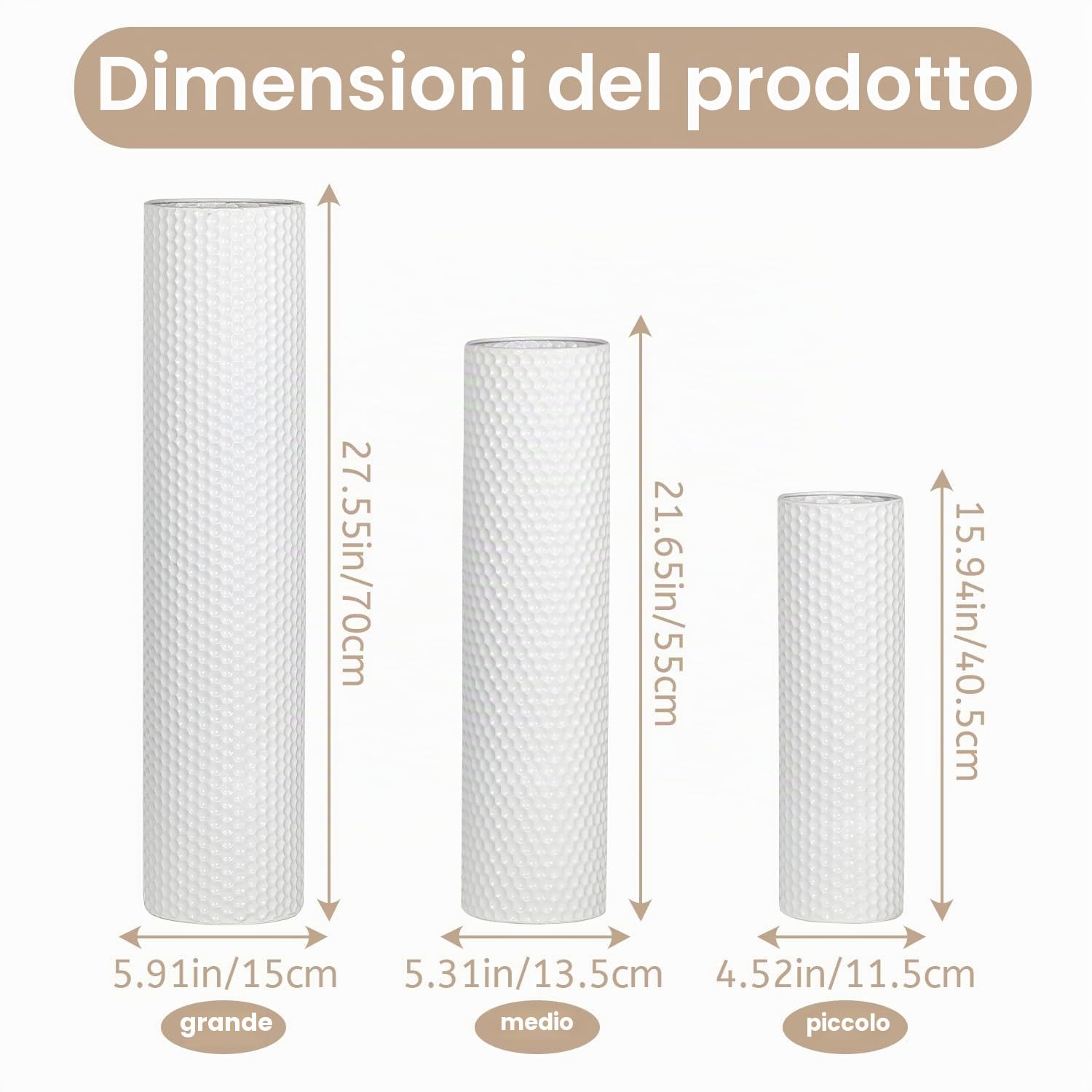 Dnnnii Set di 3 vasi cilindrici alti in metallo bianco, moderna struttura a nido d'ape, grandi vasi per soggiorno (altezza fino a 70 cm, decorazione della stanza)