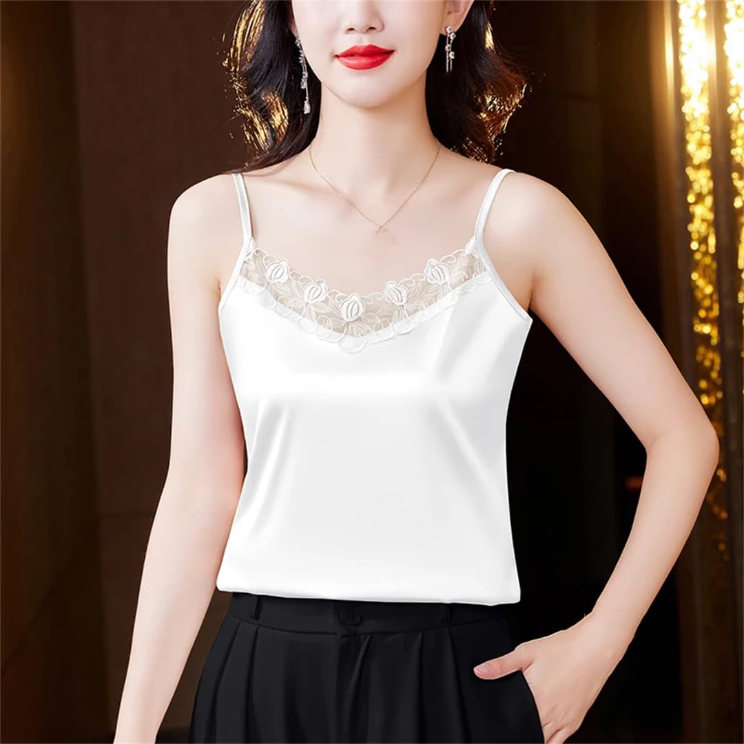 Débardeur d'été sans manches en satin de soie pour femme avec col en V