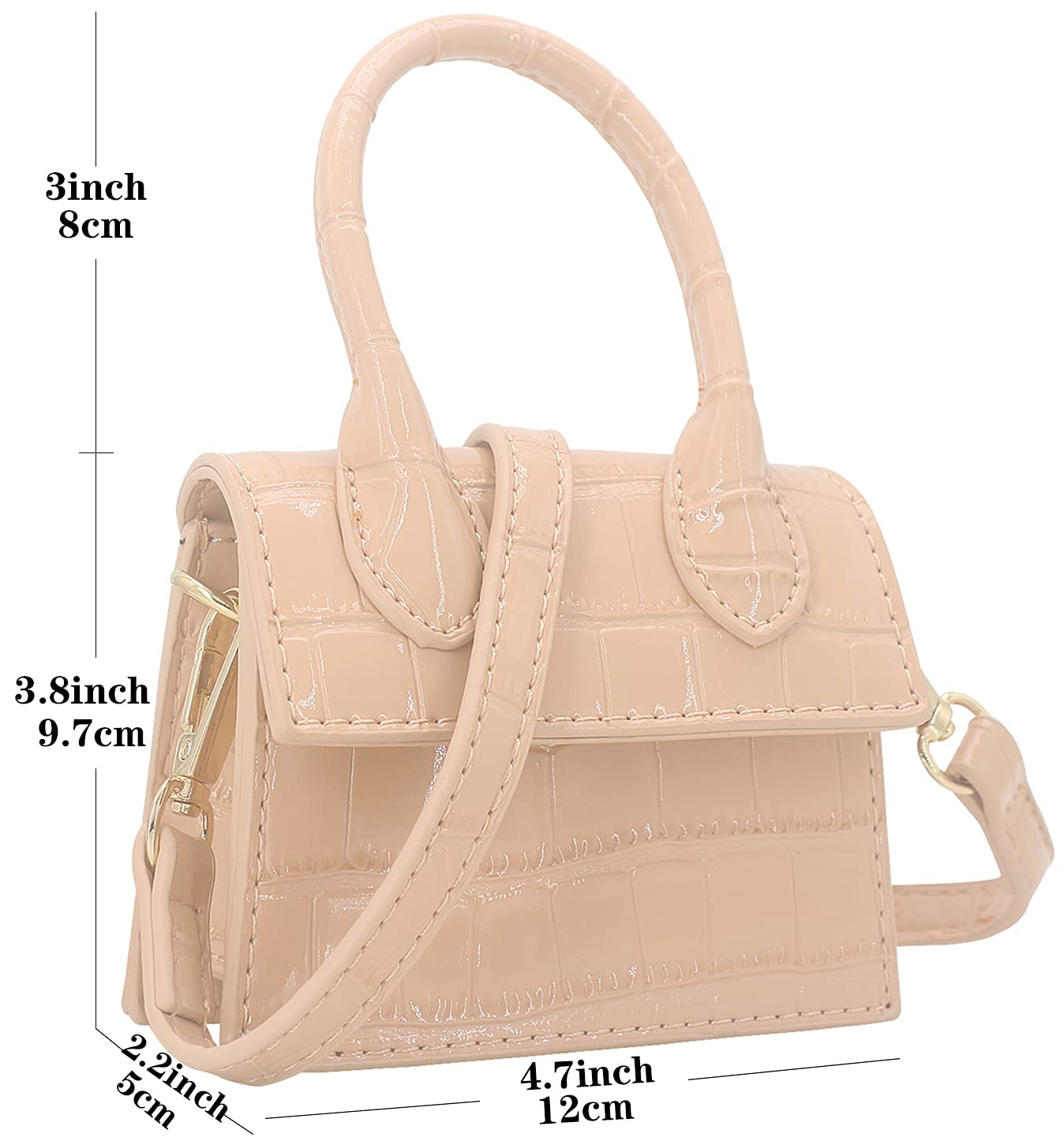 Mini bolso cruzado para mujeres y niñas, de cuero sintético, con solapa, estilo bolso de mano con asa superior, Croco Desnudo 3