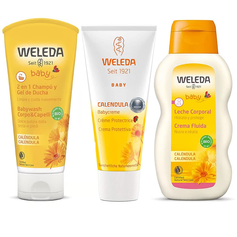 Weleda - Pacchetto Prima Infanzia Calendula Baby PLUS - CREMA PROTETTIVA per il cambio pannolino 75ml + BABY WASH corpo/Capelli 2 in 1 200 ml + CREMA FLUIDA 200 ml + OMAGGIO SaponeFlorinda da 50 gr