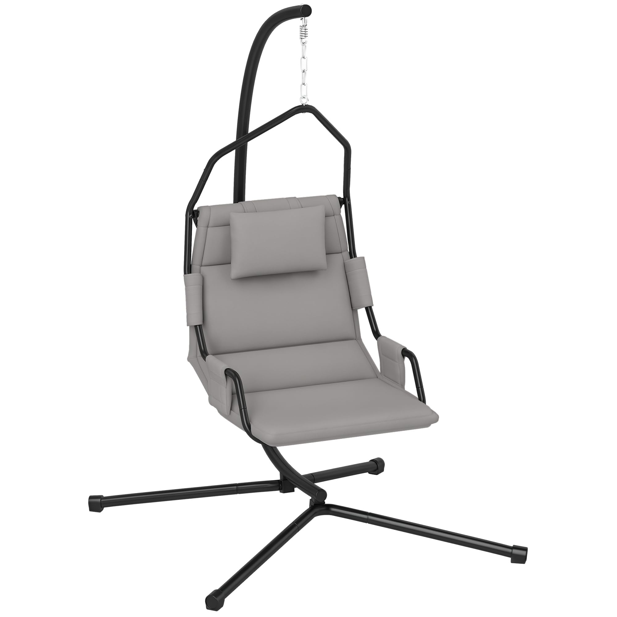 Outsunny Poltrona Sospesa da Giardino Imbottita con Cuscino Poggiatesta, Gancio e Catena, Sedia Sospesa da Esterno in Acciaio e Poliestere, 118x98x192 cm, Grigio e Nero