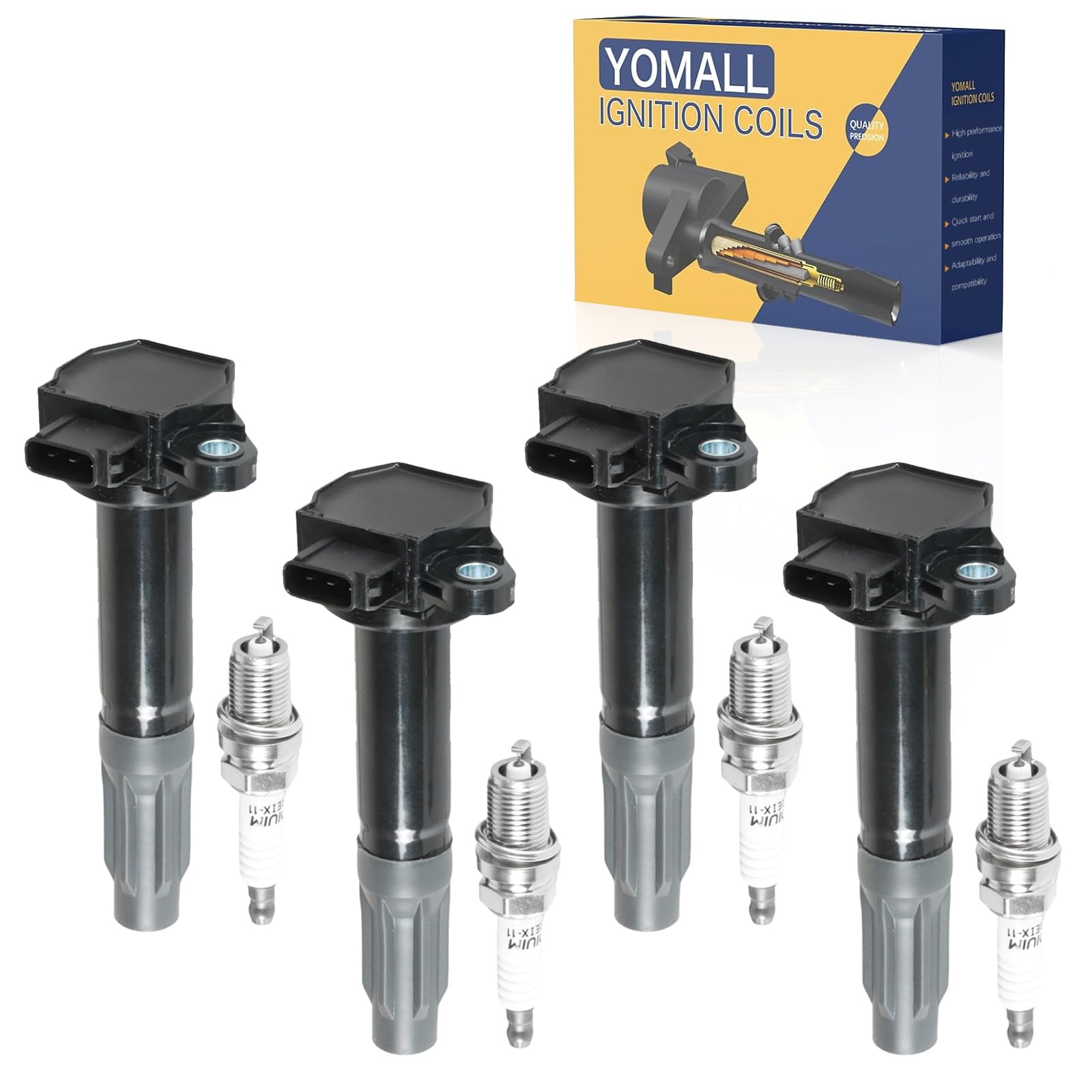 YOMALL 4PCS UF668 Ignition Coils + 4PCS 7092 Iridium Spark Plugs