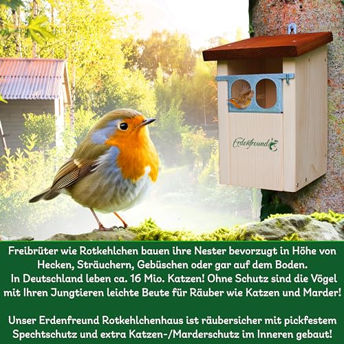 ERDENFREUND® Nistkasten Rotkehlchen Mit Marder-/Katzenschutz Räubersicher Nistkasten Für Vögel Rotschwänzchen Lichtschacht Nischeneinflug Spechtschutz (Nistkasten Nischenbrüter Räubersicher