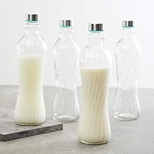 1 Litre Twisted Glass Bottle Wide Mouth BPA Free Leak Proof Stainless Steel Lid Fridge Water Bottle Reusable Travel Friendly (Modern, 4, Count)