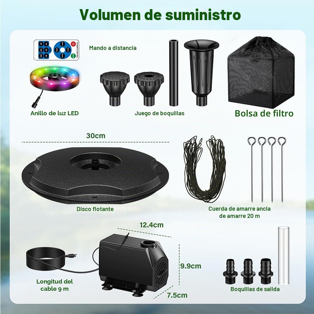 Biling Fuente flotante con luces LED para estanques de jardín grande, fuente de estanque con bomba de 2500 l/h, cable de 9 m con enchufe UE, juego de agua con 3 modos de fuente (resistente a las