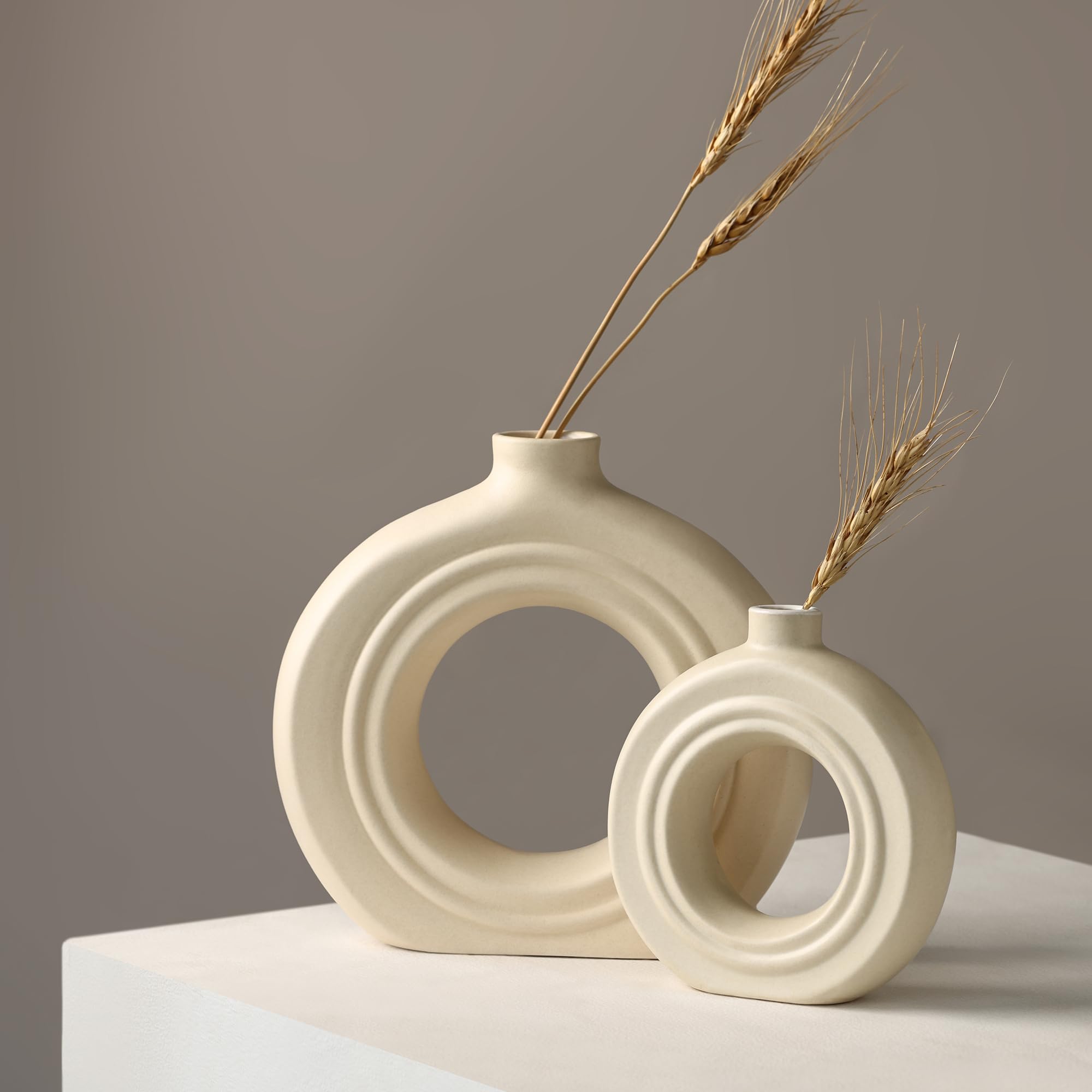 Earthly India White Ceramic Donut Vase | Modern Home Decor Flower Vase for Dried Flowers & Pampas Grass | Elegant vase for Home, Living Room & Office Centerpiece Decor (Set of 2- White 7 & 9 Inch)