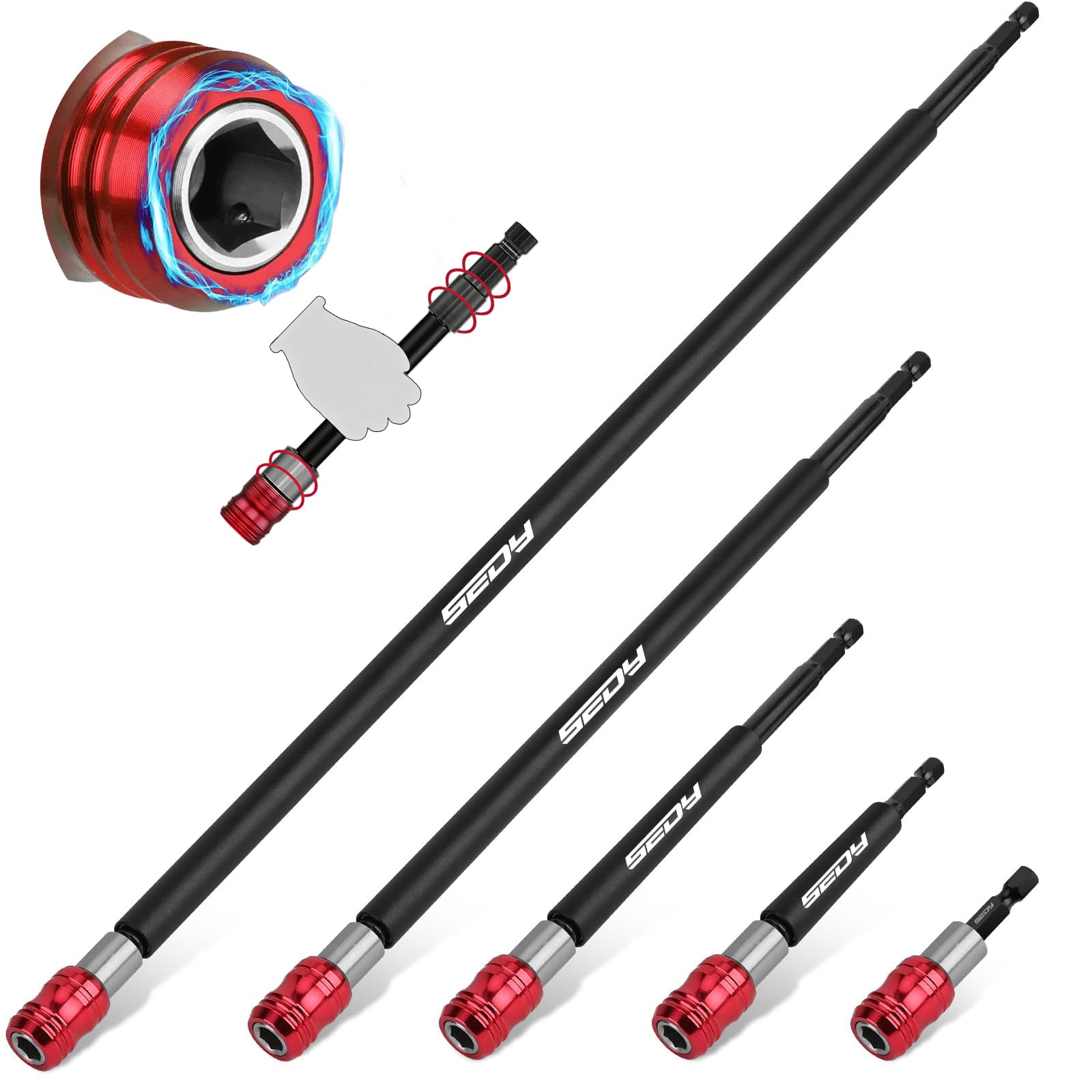 5-Piece 2", 4", 6", 12", 17" Extra Long Magnetic Screwdriver Bit Holders, 1/4 Inch Hex Shank Quick Release Extension Adapter, Durable CR-V Steel, Universal Fit for Impact Driver Bits