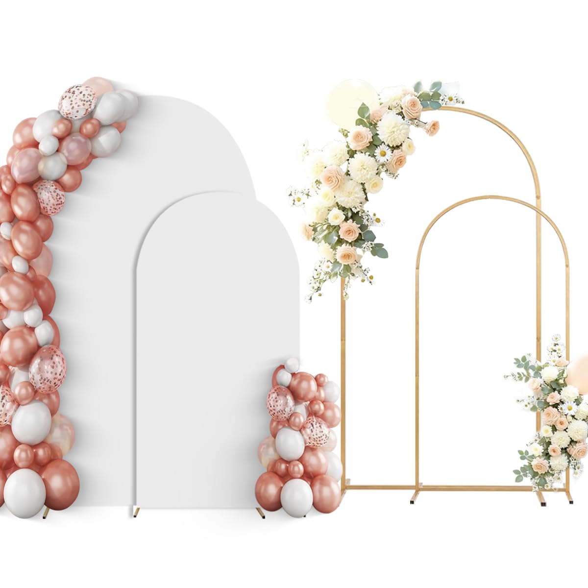 yumiaohe 금속 아치 배경 스탠드 2개 세트 화이트 커버 포함 (2.2FT+1.8m(7.2피트+6피트) | 결혼식, 크리스마스, 생일 파티, 베이비 샤워 행사 장식, 휴대용, 쉬운 조립, 튼튼하고 안정적이며 내구성이 좋습니다