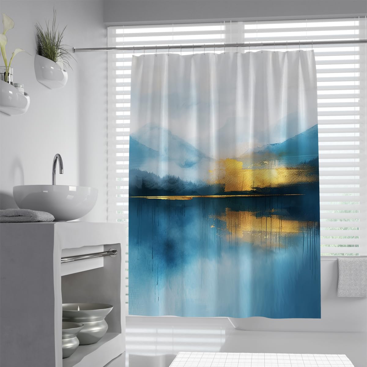 UIRINGART Landscape Bath Curtain W120xL180cm Abstract Navy Sky Blue Mountains Lake Gold Foil Texture Forest Mildew Mould Resistant Polyester Apartment Shower Curtains