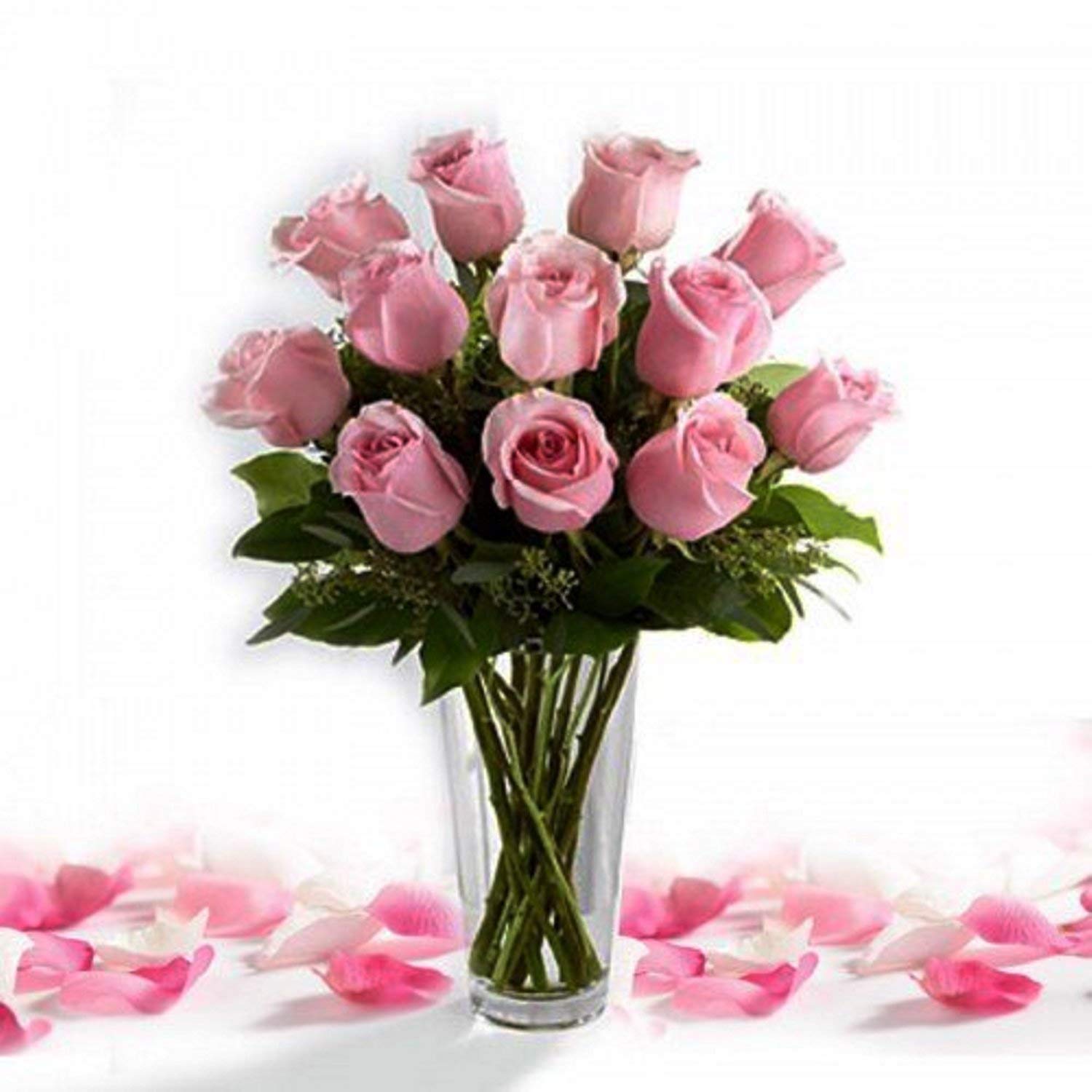 The FloralMart® Valentine's Day Glass Vase Arrangement of Pink Roses Fresh Flowers || Glass (Pink) (15 Rose)-image-14