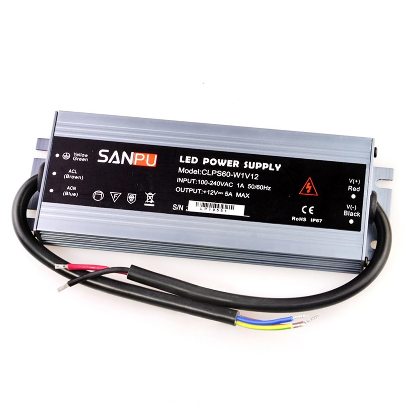 HYUJNAFZR 12VDC Waterproof LED Power Supply 12V DC 60W 5A IP67 110V 220V AC-DC Lighting Transformer Driver 12Volt Thin Slim Aluminum