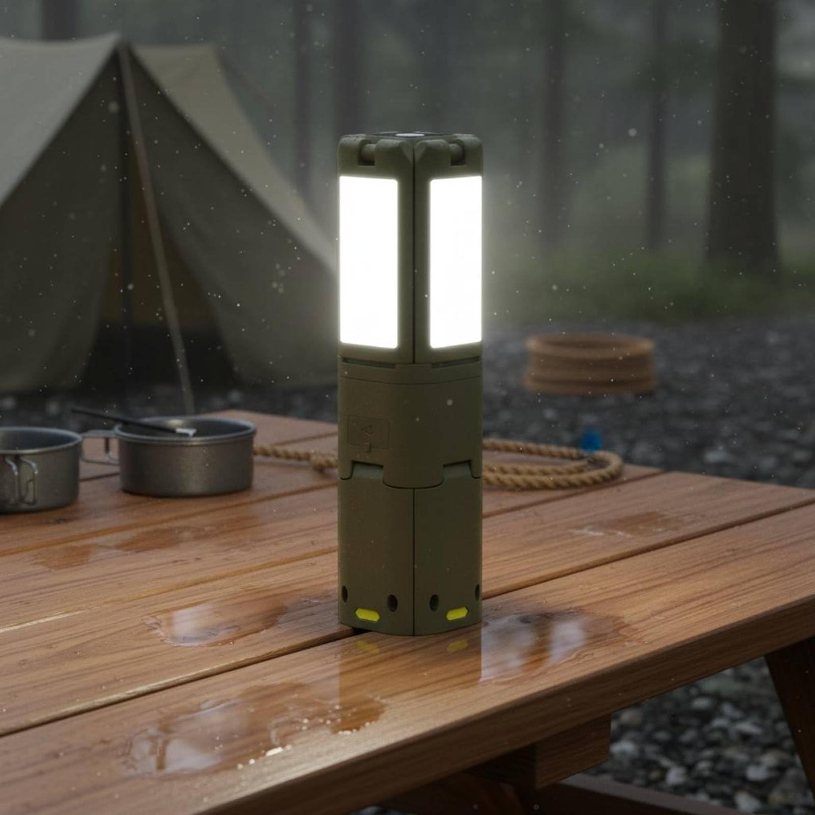 Wasserdichte Zeltlampe LED Campinglaterne Taschenlampe Arbeitsleuchte mit Schwenkbarem 180 360 Grad Kopf USB Aufladbar Zusammenklappbares Stativ für, Armeegrün