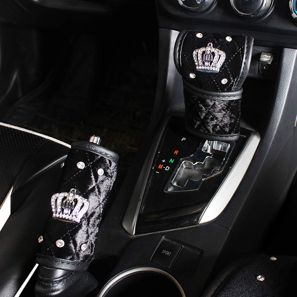 Dotesy Sparkling Bling Handbrake Cover & Shift Gear Cover Set Plush Crystals Car Accessories for Women (Set of 2pcs)