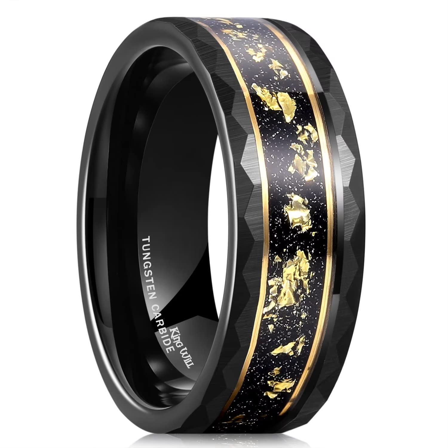 King Will8mm Mens Silver/Black Tungsten Carbide Ring for Men Nature Koa Wood Inlay/Galaxy Opal Inlay Wedding Bands Hammered Multi-Faceted Wedding Band