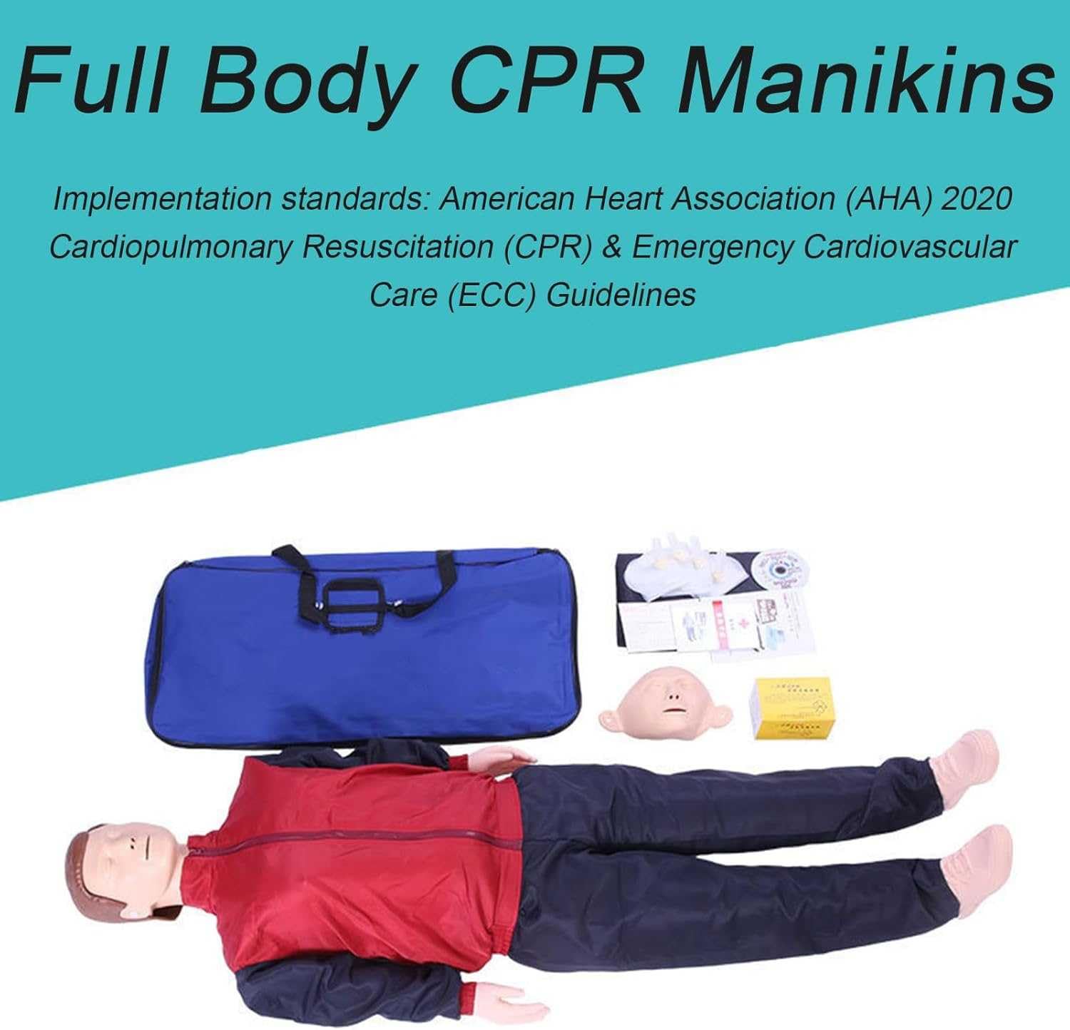Maniquí RCP de Cuerpo Completo para Entrenamiento - Muñeco de Reanimación con Piel Facial Reemplazable, 4 Pulmones de Repuesto, 50 Mascarillas y Bolsa de Transporte
