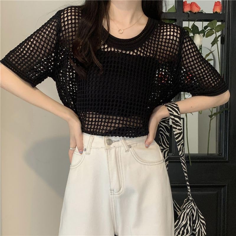 Image of Mettclasi Women's Short Sleeve Crochet Hollow Out Top, Casual Sexy Knit Pullover Top Beach Coverup - One Size Small /Medium White