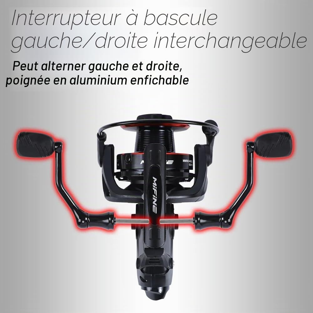 Moulinet de pêche avec alarme de touche, taille 6000, frein maximal de 10 kg, roulements 6+1BB, rapport de démultiplication 4,7:1