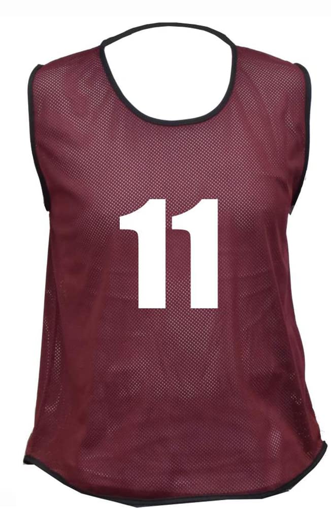 10 MESH BIBS FOOTBALL TRAINING SPORTS BIBS NUMBERED (2-11 OR number of your choice) Front/Back OR Front & Back (Maroon (Front & Back), Youth (Men's Small-Medium))