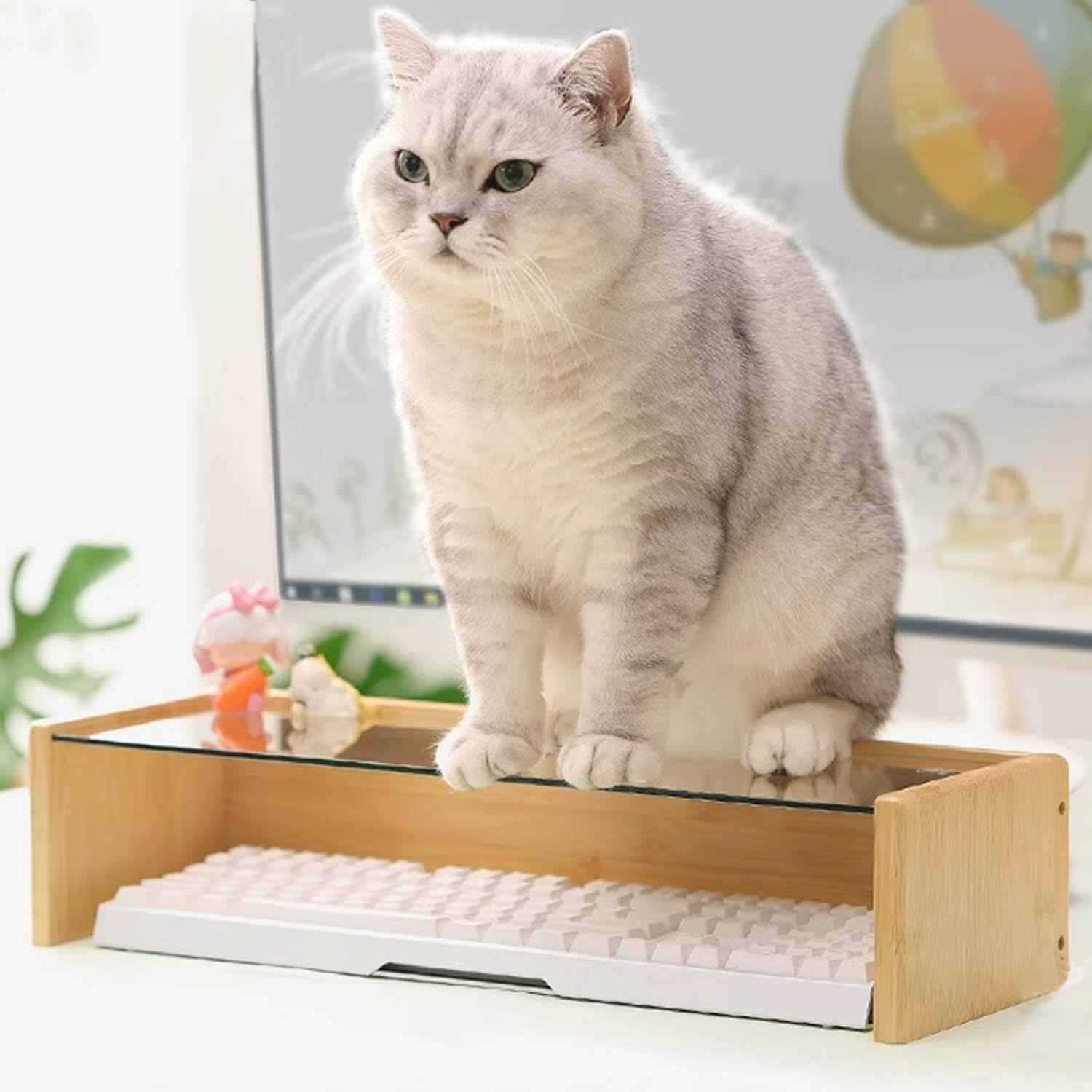 Klarglas-Monitorständer Tastaturabdeckung – Tastaturschutz verhindert, dass Katzen die Tastatur berühren, Bambusständer (L 48,5 x 16,5 x 11 cm)