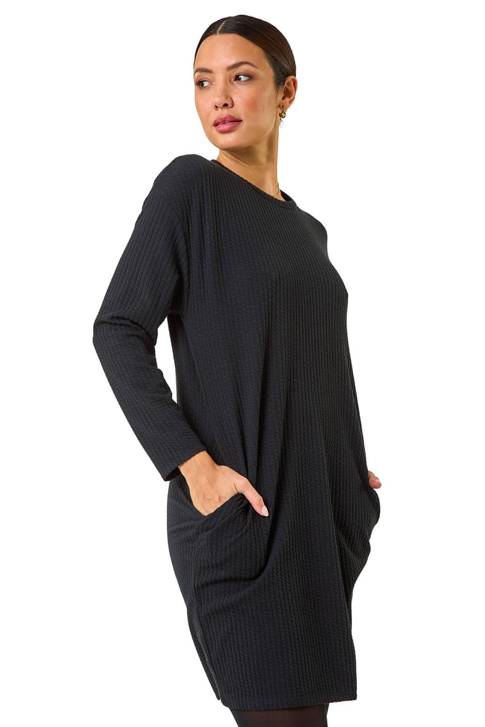 Roman Originals Women's Black Ribbed Stretch Jumper Dress For Uk - Everyday Autumn Winter Round Neckline Comfy Soft Evening Vacation Work Party Night Out - Size 20
