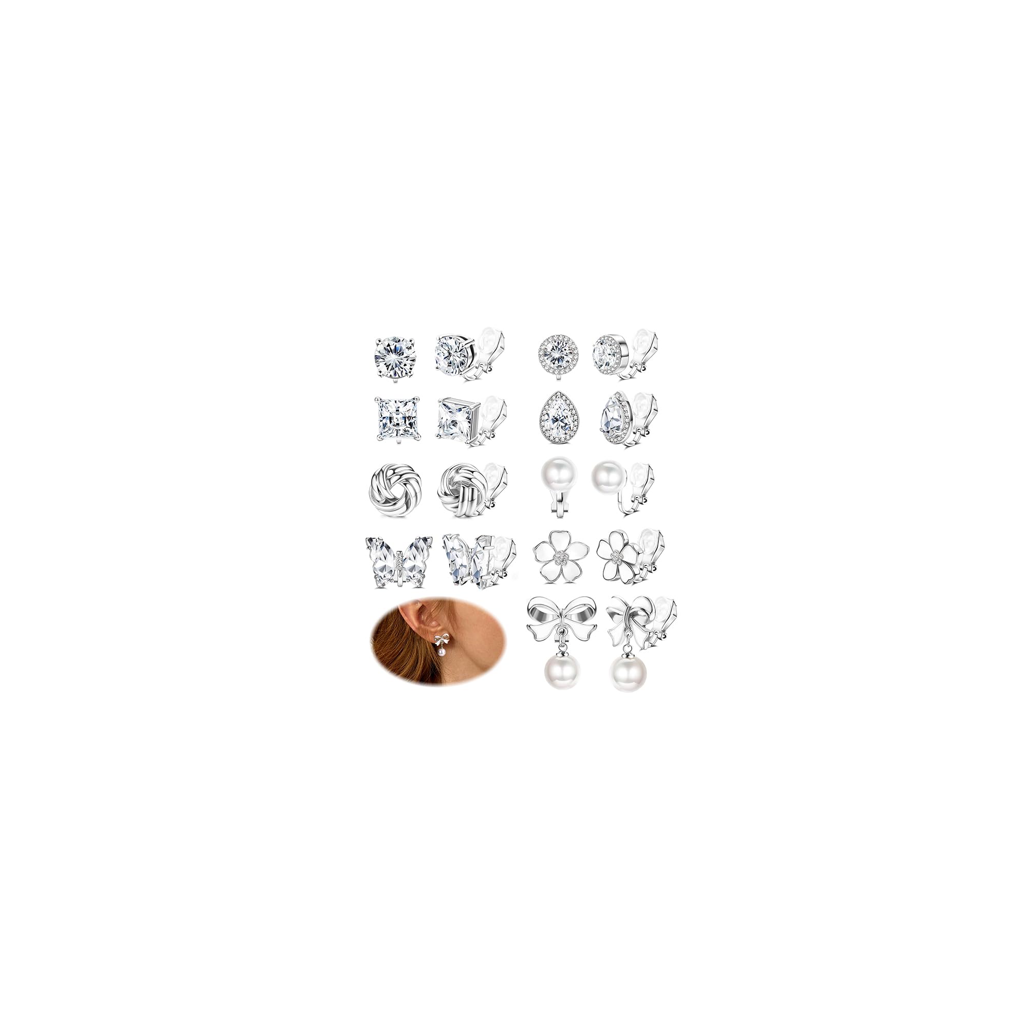 9 Paia Orecchini a Clip per Donne Ragazze Orecchini in Oro Argento Non Forati con Zirconi Cubici Disegni di Perle e Fiori Orecchini a Clip da Donna