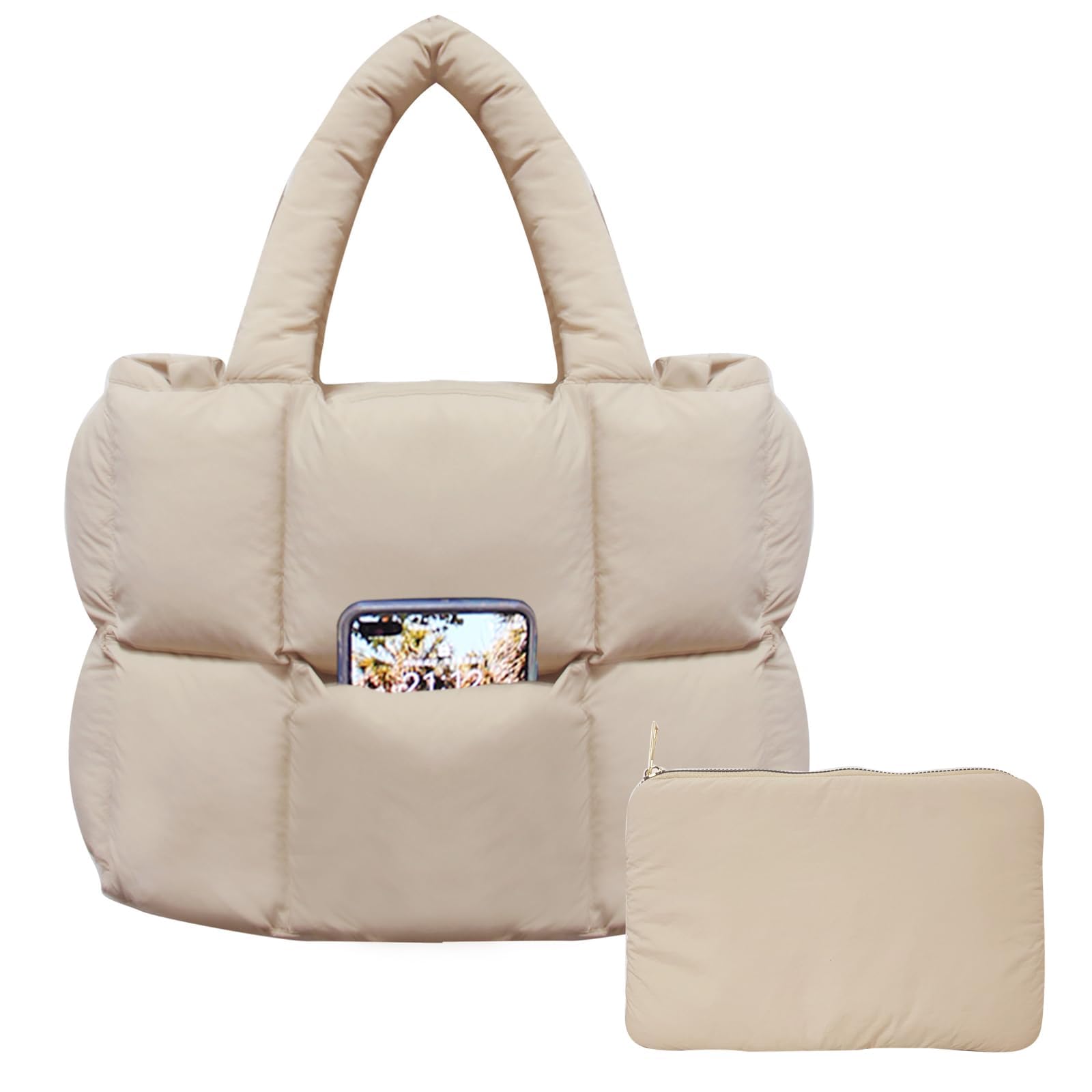 Puffer Tote Bag for Women, Quilted Shoulder handbag for Travel, Work, Gym | nylon lightweight bag, waterproof, cloudy, zipper, compartments, nurse bag, adjustable crossbody strap
