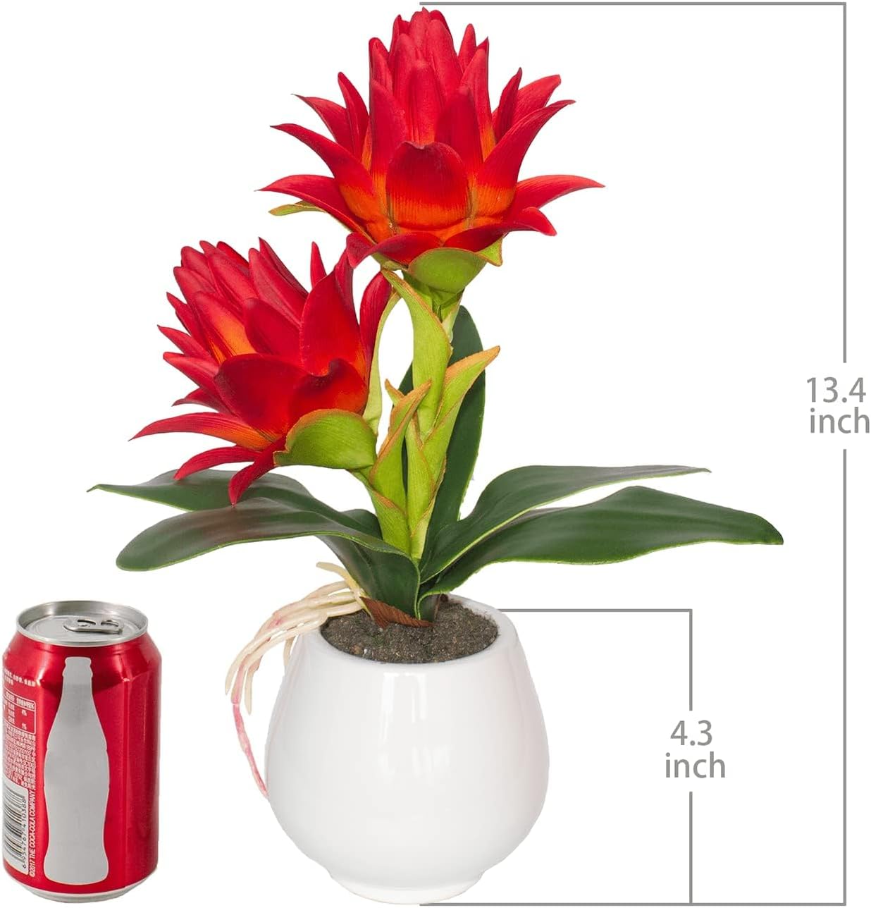 Red Potted Bromeliad - Artificial Flowers with Vase for Home and Office Decor, Aesthetic Faux Tropical Plant Bonsai, 13.4 Inch