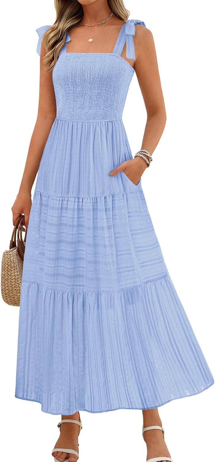 MEROKEETY Women's 2026 Spring Boho Maxi Dress Summer Beach Vacation Casual Sleeveless Smocked A Line Sundress with Pockets