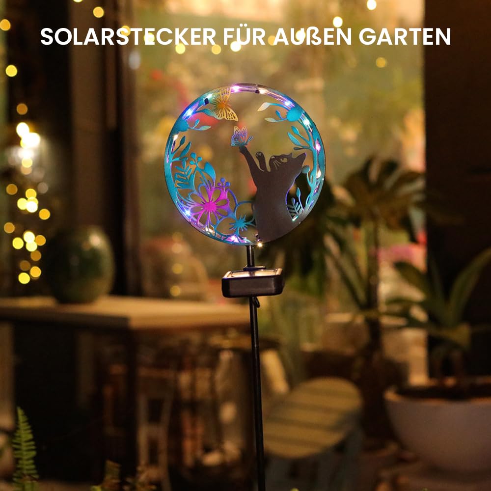 Solarstecker für Außen Garten, Solarleuchte Katze, Metall Solar Tiere für Außen Garten mit Schmetterling, Solar Gartenstecker, Gartendeko Solarlampen für Au-ßen Balkon Außenterrasse