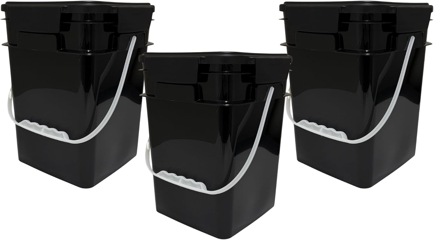 House Naturals 4 Gallon Square Food Grade Bucket Pail with Plastic Handles and Lid (Pack of 3) Made in USA containers (Black)