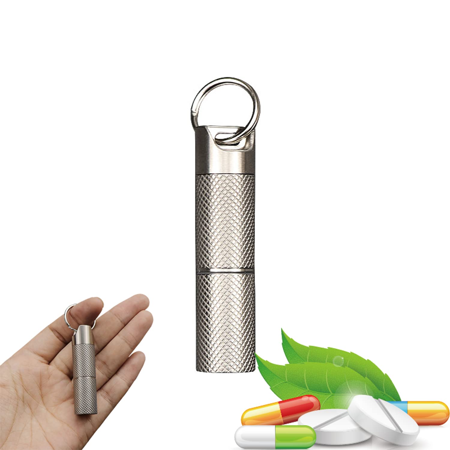 Pillendose Metall 2 Fächer Pillenbehälter Schlüsselanhänger, Wasserdicht Titan Outdoor Reise Täglich Tablettendose für Unterwegs, Persönlicher Tabletten Organizer
